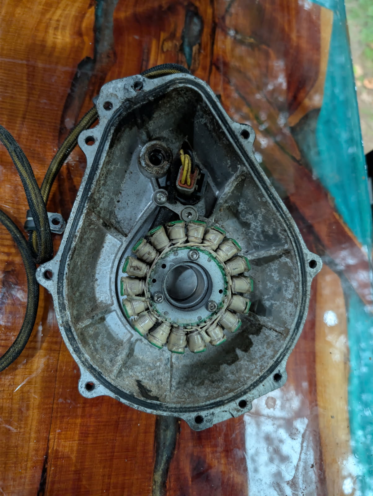 Krash Industries magneto interior showing 18-pole stator windings