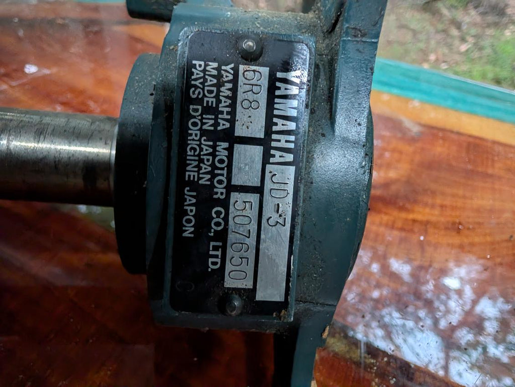 Yamaha JD-3 midshaft label showing model JD-3 engine code 6R8 serial 507650